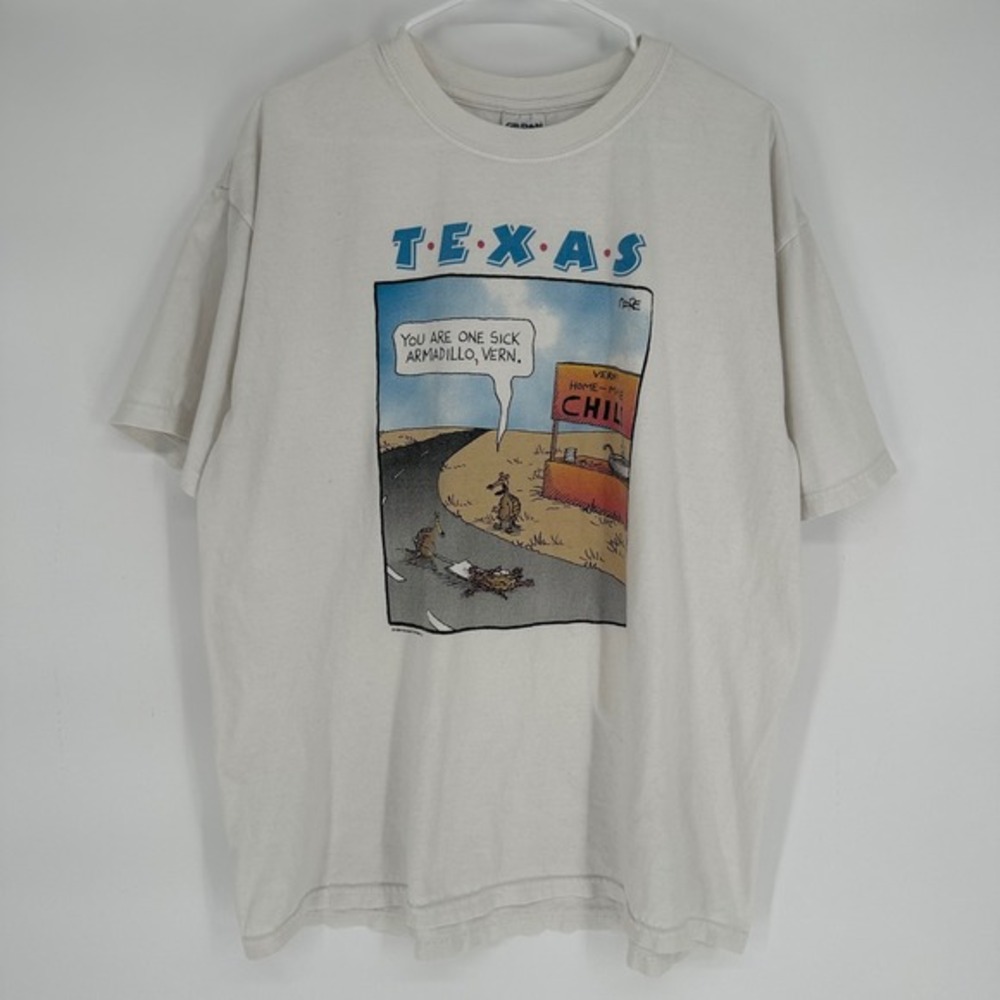 Vintage 90s Y2K Texas Armadillo Verns Chili Graphic Shirt XL White Moore Cartoon